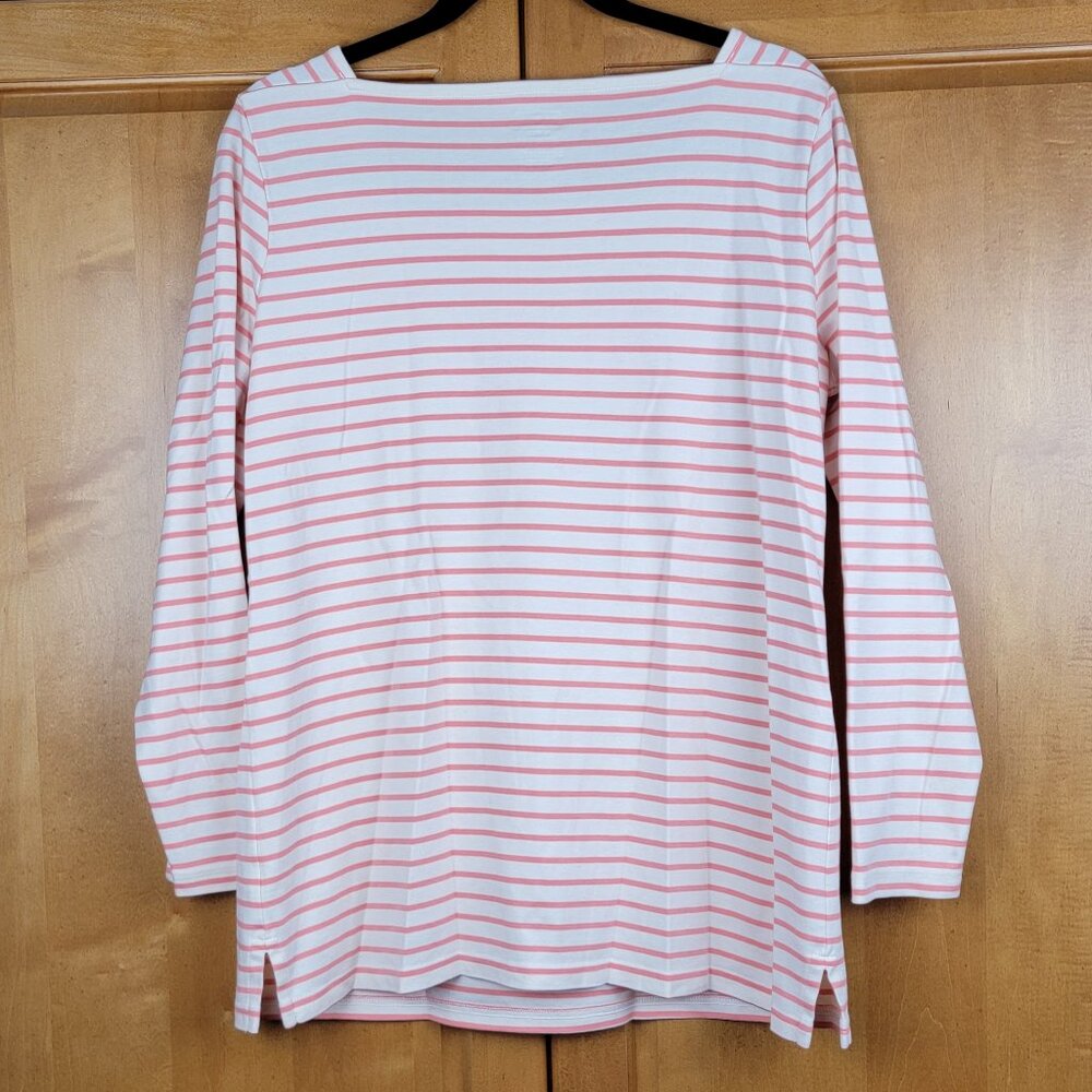 L.L. Bean Supima Cotton Peach White Striped Long Sleeve Square Neck Top - L - Picture 2 of 8